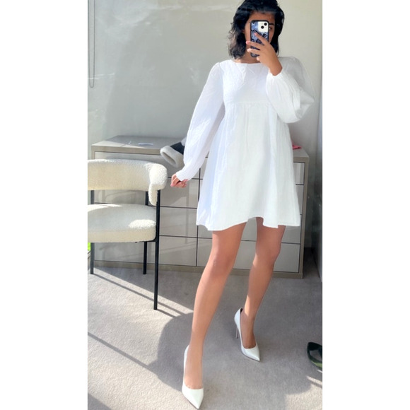 Reformation XL Ramone Babydoll 100% Linen Mini Dress Long Sleeve Fit&Flare White - Picture 4 of 10